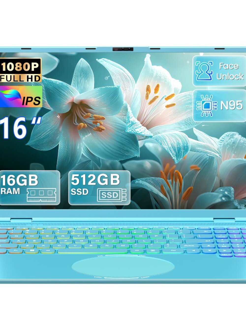 NEW 16" Ultra Slim Laptop Sky Blue, 16GB RAM, 512GB SSD, FHD IPS, Windows 11 Pro